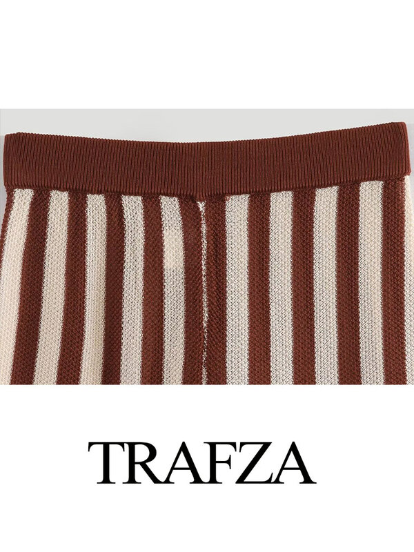 TRAFZA 2024 Woman Loose Slim Elastic Waist Trousers Women's Knitted Striped High Waist Casual Wide Leg Pant Streetwear