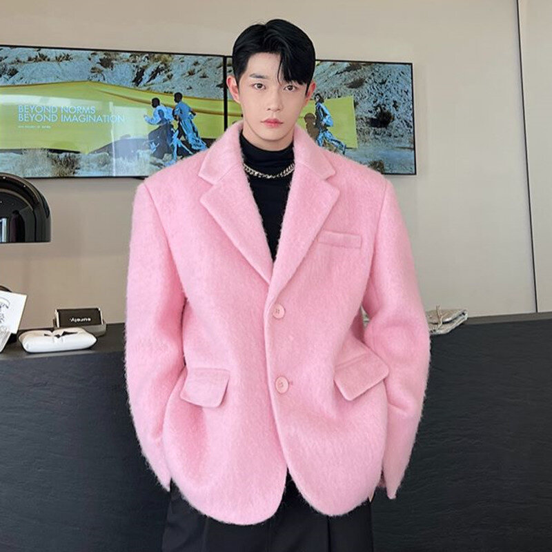 W koreańskim stylu szykowny męska kurtka wełniana modna, z klapami jednorzędowa płaszcz z kieszeniami 2023 jesienno-zimowa odzież męska różowa 9 c2886