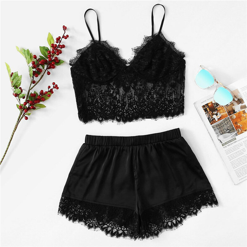 women sexy Pajamas Floral Lace Spaghetti Strap transparent top Elastic loose Underwear shorts solid color perspective Pajamas