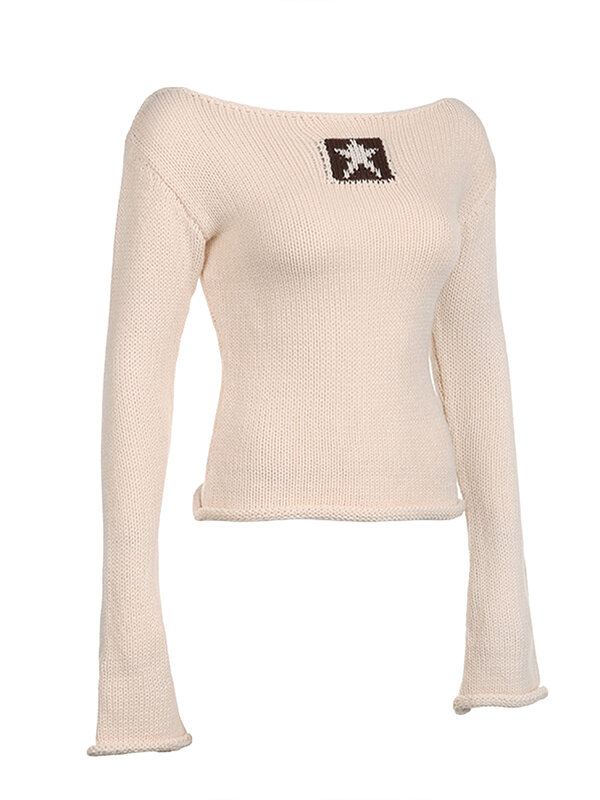 Women Slim Knit Pullovers Sweater Star Pattern Long Sleeve Spring Fall Boat Neck Jumpers Streetwear