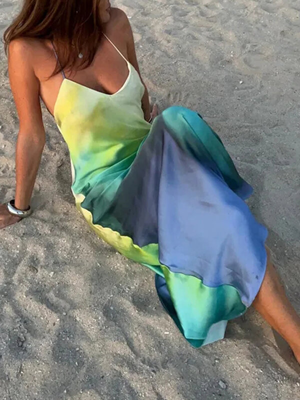Vestido largo sin mangas con estampado Floral bohemio para mujer, cuello en V, Espalda descubierta, vestido de fiesta en la playa