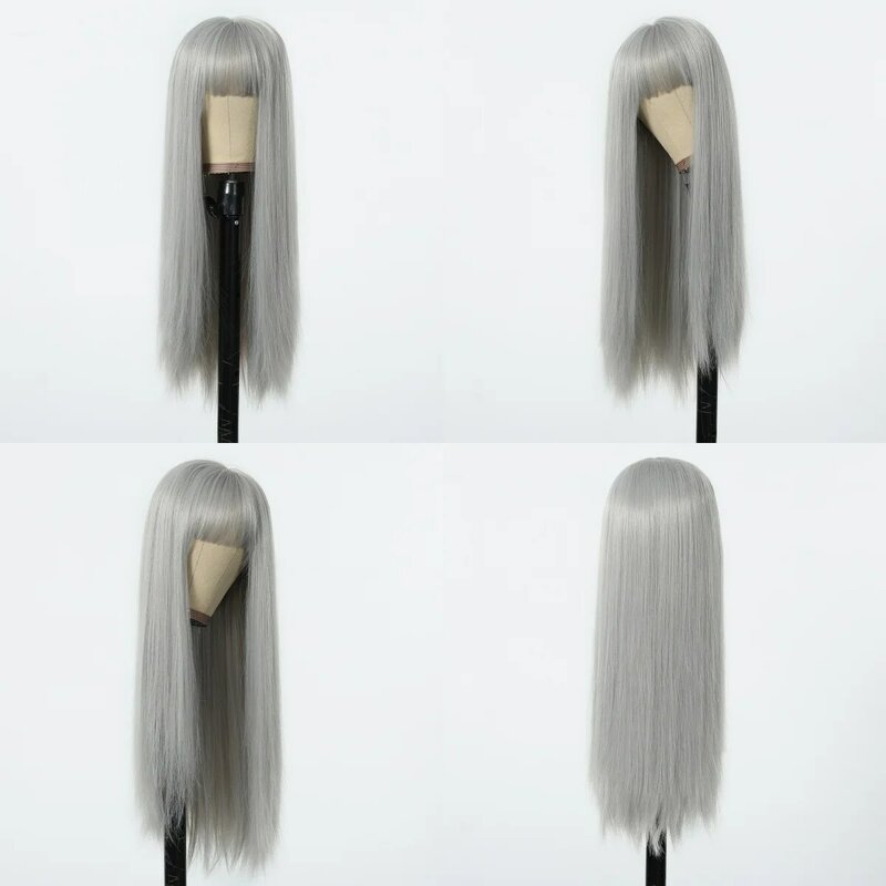 Wig sintetik perak abu-abu wig rambut lurus sutra panjang dengan poni abu-abu Cosplay pesta rambut palsu untuk wanita menggunakan rambut palsu tahan panas