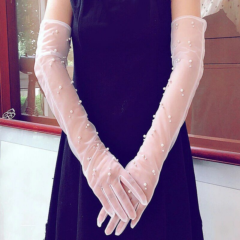 55cm Ultra-Thin Fashion Sexy Lace Tulle Elbow Long Wedding Bride Dress Mittens Full Finger Mesh Gloves Women Driving Gloves