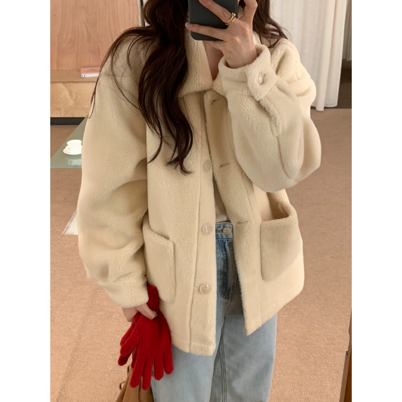 Women Casual Double Faced Fur Jacket  Autumn Winter Warm Pocket Single-breasted Loose Small Fragrant Korea Chic Fake Fur Jacket