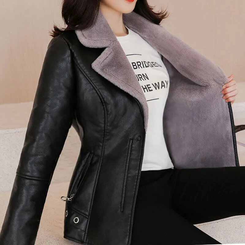 Women Short Blazers Coat New Winter PU Leather Jacket Fleece Double-faced Fur Leather Outerwear Lady Slim Suit Tops Jackets