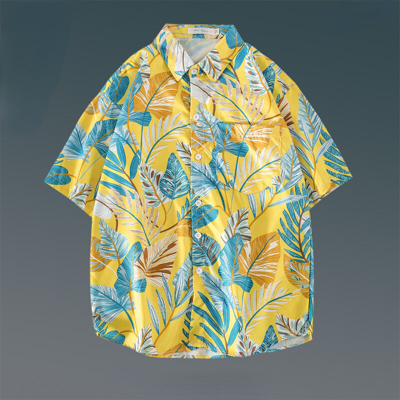 قميص شاطئ فضفاض بأكمام قصيرة للرجال ، قمصان بزهور رقيقة للرجال ، قميص هاواي هاراجوكو ، ملابس عتيقة ، صيف ، جديد ،
