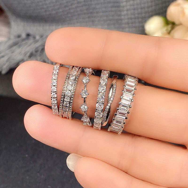 Cincin batu kristal putih wanita tipis cincin pernikahan zirkonia kubik geometris warna perak untuk wanita janji abadi Bijoux