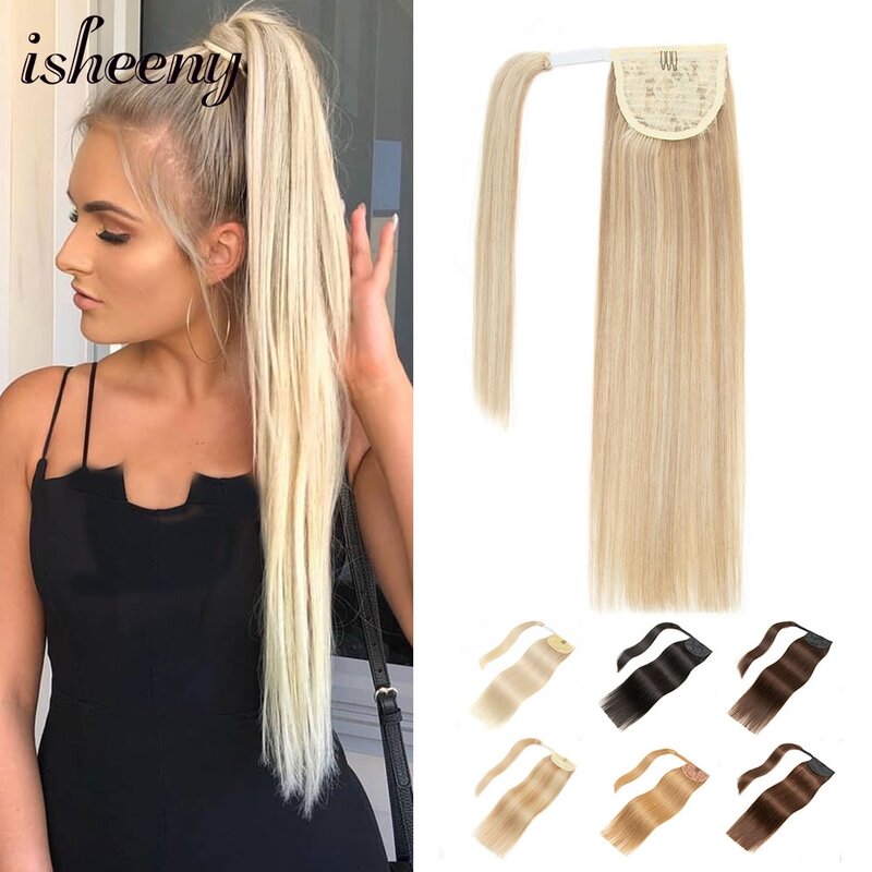 Isheeny Human Hair Ponytail Extensions Straight 14" 18" 20" 24" Real Natural Brazilian Remy Wrap Clip In Hair Extension