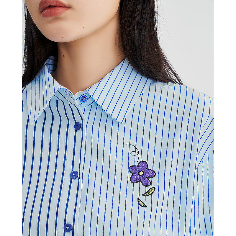 Toyouth camisas femininas 2022 inverno manga comprida polo pescoço solto blusa azul listras bordado casual streetwear topos