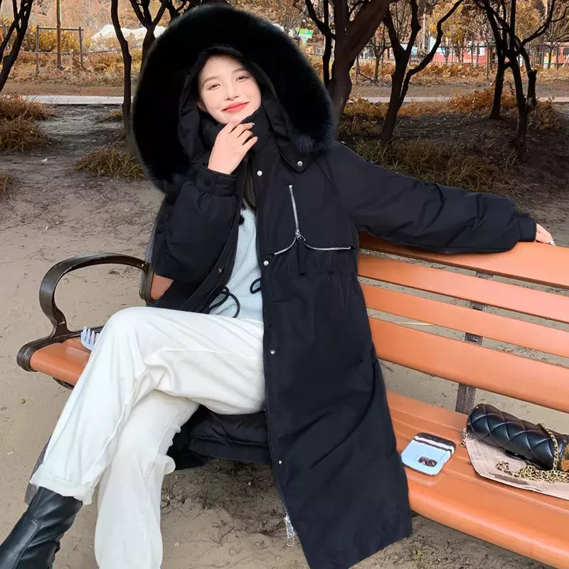 Пуховик женский зимний с капюшоном, утепленная куртка средней длины с воротником из лисьего меха, на молнии, свободная одежда-Карго