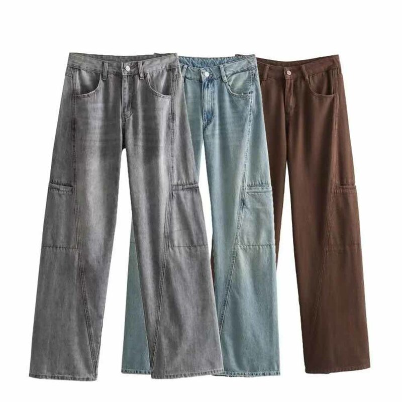 جينز نسائي فضفاض مع جيوب جانبية ، سراويل جينز نسائية ، عتيقة ، ديكورات خياطة ، سحاب متوسط ، موضة جديدة ،