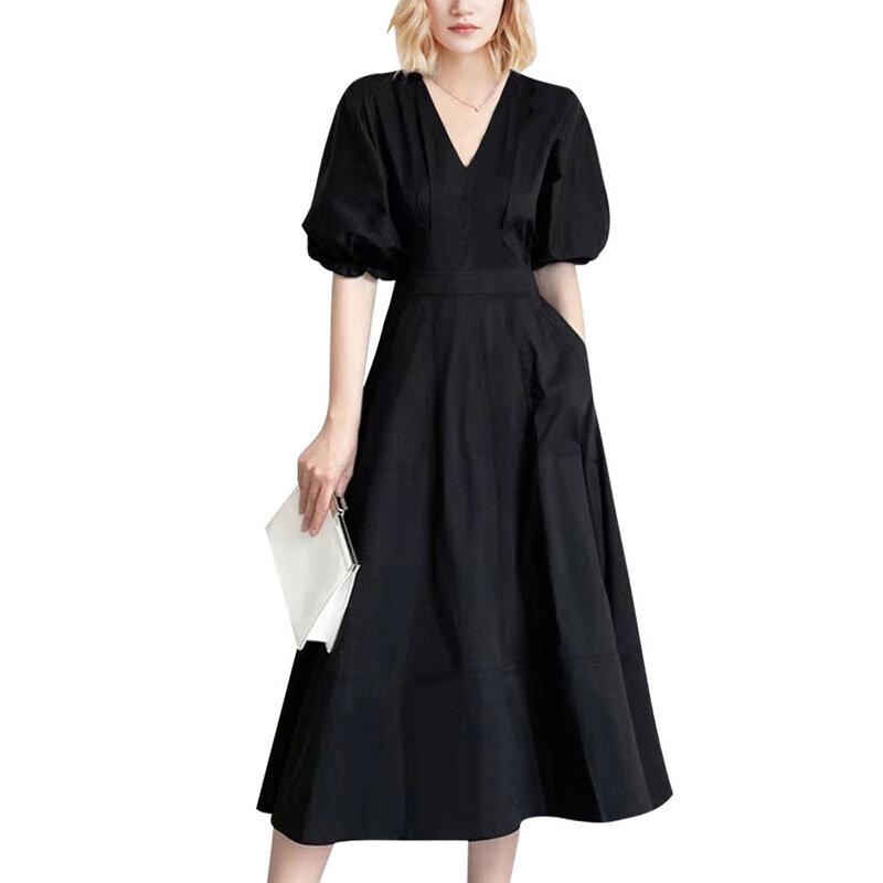 Женское однотонное платье в стиле Хепберн, модное простое платье с V-образным вырезом и рукавами-фонариками, лето 2023
