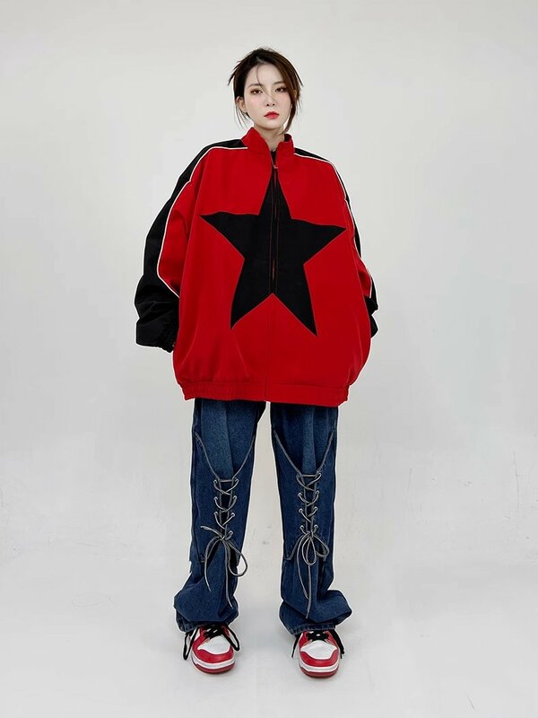 REDDACHiC Patchwork Star Bomber Jacket for Women Red Turtleneck Long Sleeves Bicolor Oversize Windbreaker Retro Y2k Streetwear