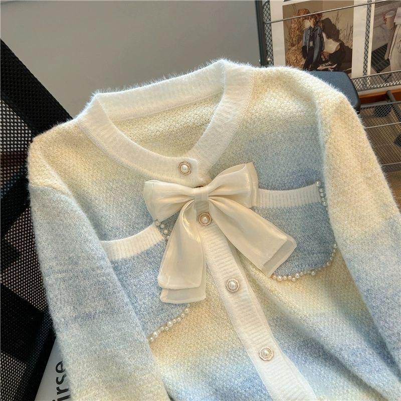 Bow Women's Sweater Knitted Cardigan Jacket Top Women Clothing Long Sleeve Top Korean Style Clothes Ladies Top Pearl Sweater