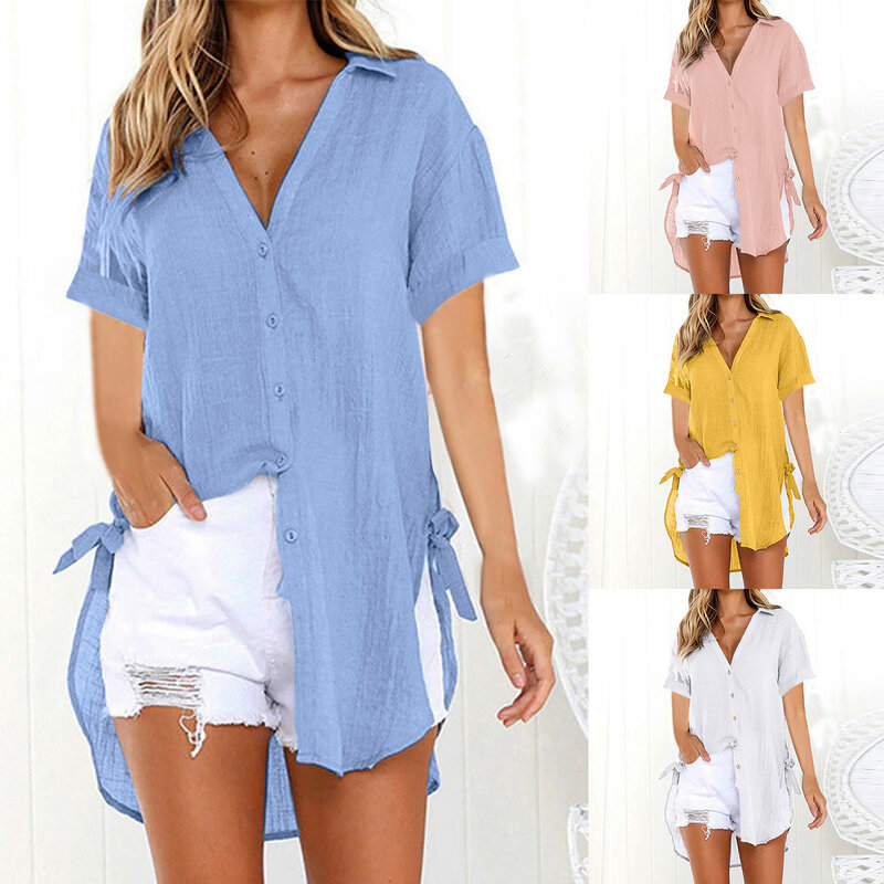 Cotton Linen Plus Size Shirts Fashion Woman Blouse 2024 New Summer Long Sleeve Solid Tops Tunic Fashion Button Lapel Blouse