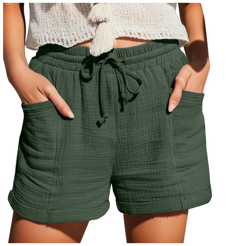 Celana pendek katun Linen musim panas wanita, celana pendek kasual polos pinggang tinggi tali serut elastis longgar nyaman olahraga