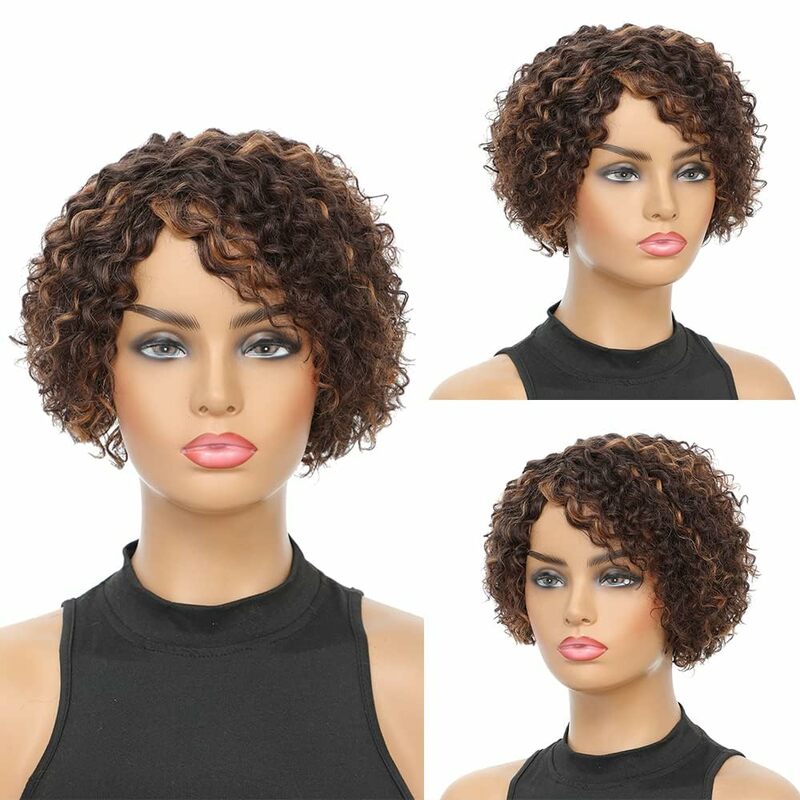Wig 100% keriting panas Wig rambut manusia untuk wanita hitam dengan besar mengembang Halus 8 inci Wig bagian sisi gelombang keriting potongan Pixie Brasil