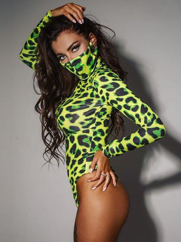 Bodysuit cetakan kulit macan tutul wanita lengan panjang Jumpsuit pakaian jalanan hijau Neon seksi Romper mode atasan macan tutul kurus