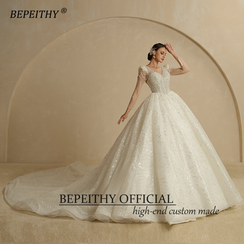 Bepeithy luxo shinny princesa vestidos de casamento para as mulheres 2022 mangas completas colher pérolas bola do vintage vestido de noiva capela trem