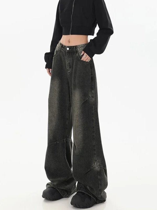 Pantalones vaqueros holgados de pierna ancha para mujer, Jeans negros de cintura alta, estilo Hip-hop, ropa de calle Vintage, moda Y2K, nuevo