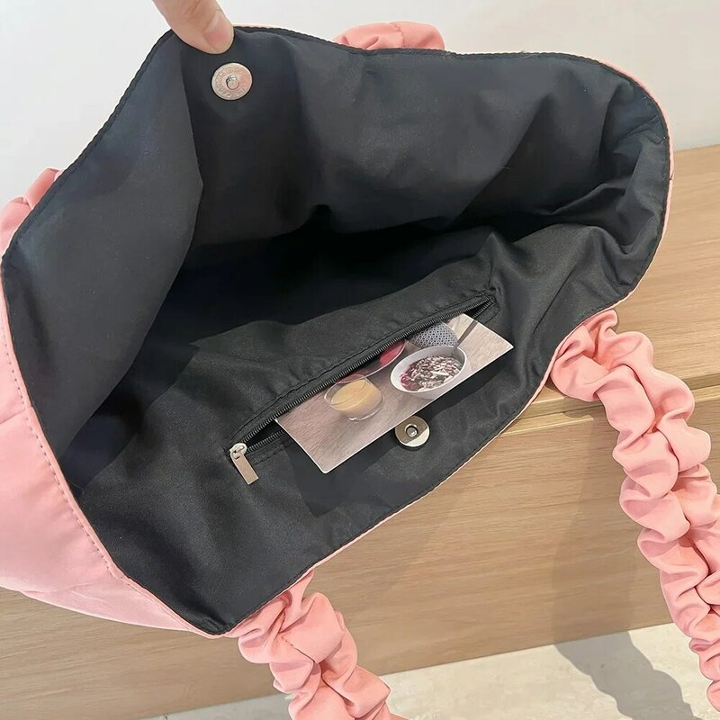 Women Nylon Tote Bag Fashion Shoulder Bag Large Capacity with Bow Trendy Messenger Pleated Shoulder Strap Chic Hobo Bag