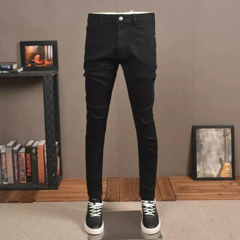 Streetwear Fashion Men Jeans Black Color Stretch Slim Fit Spliced Designer Biker Jeans Homme Zipper Pocket Hip Hop Pants Hombre