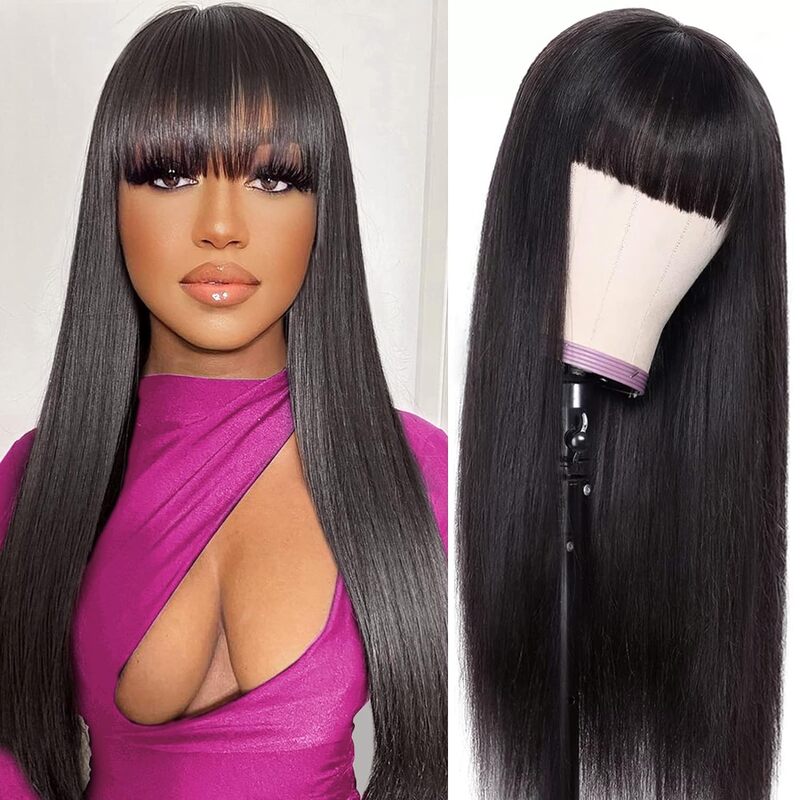 Straight 3x1 HD Lace Closure Wig With Bangs 30 Inch Bone Human Hair Full Machine Made Straight Wigs Fringe Glueless Wig Bob Wigs