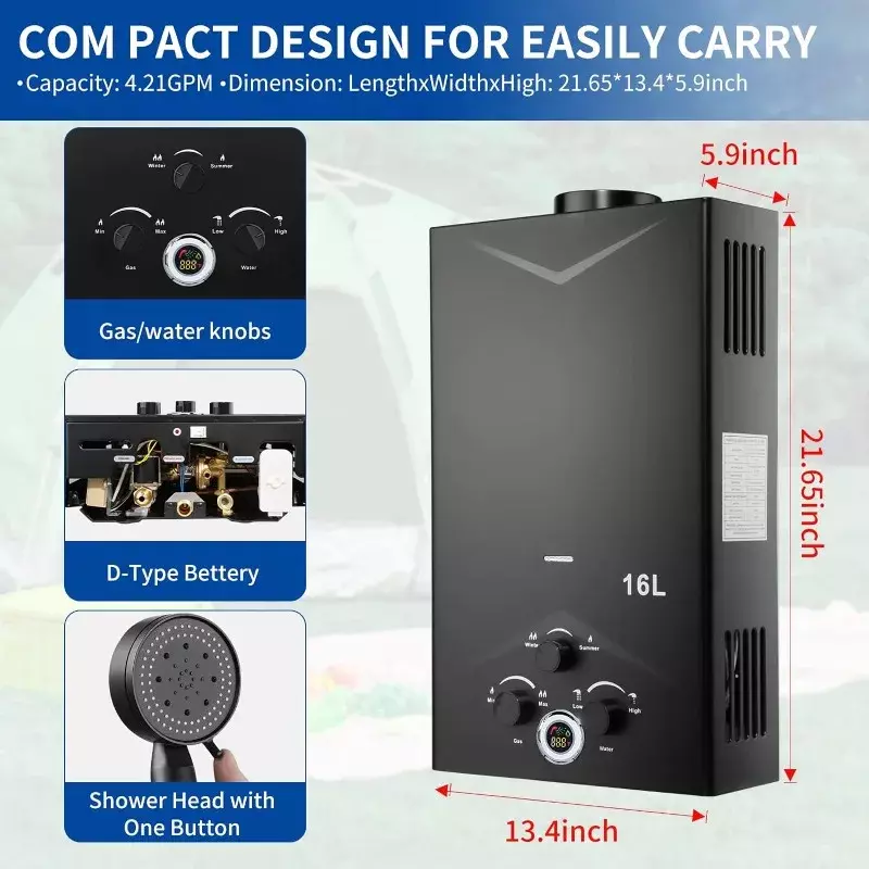 Tankless Water Heater 4.21GPM 16L Outdoor Portable GasHot Water Heater Instant Propane Water Heater with Digital Display