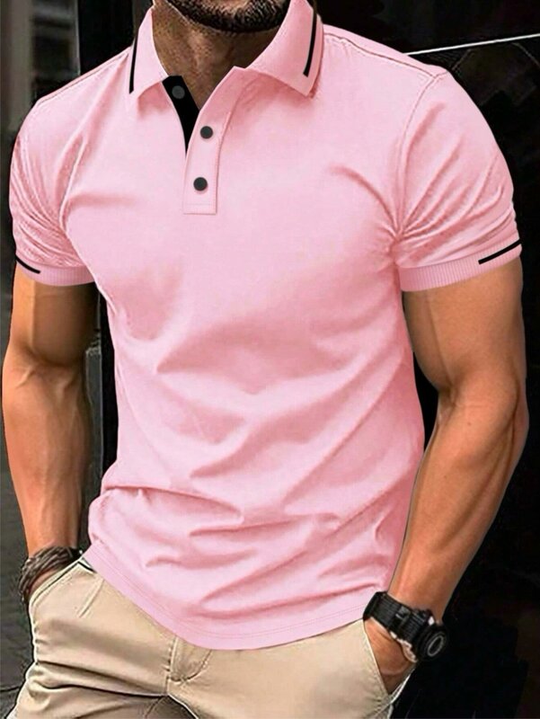 Camisa polo masculina de manga curta, pulôver de cor sólida, gola em gola alta, camiseta esportiva casual, nova, verão