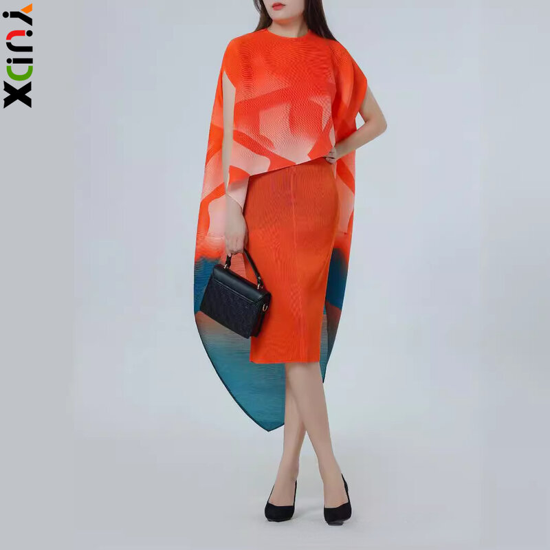 YUDX Miyake pieghettato tinta unita sciolto Plus Size abito lungo pieghettato stampa senza maniche mantello due pezzi Set 2024 estate nuovo
