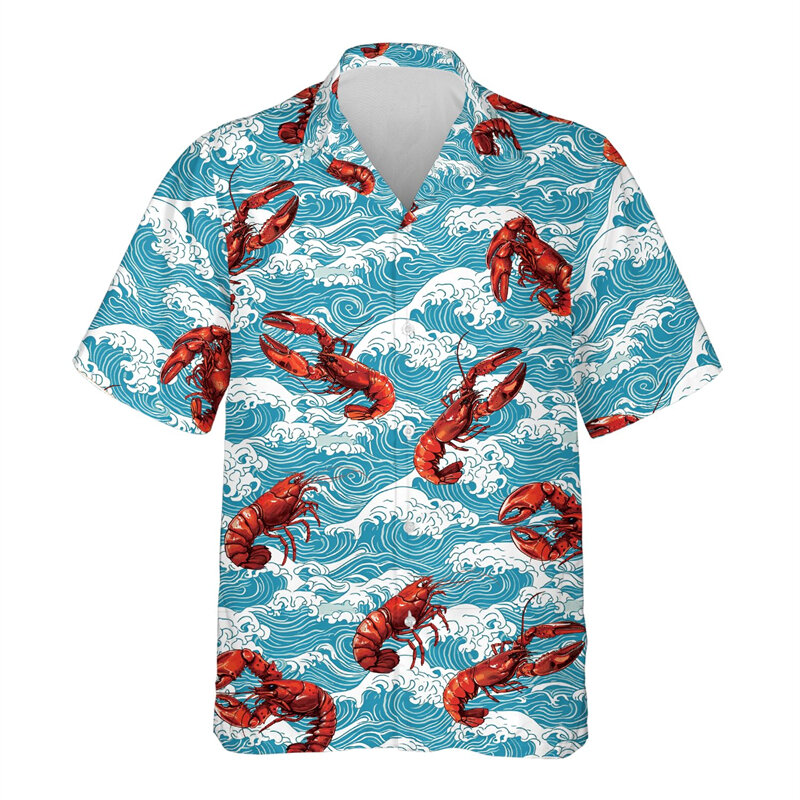 Âncora de Lagosta Masculina Estampada 3D Camisas Havaianas, Moda Harajuku, Tops de Manga Curta de Praia, Roupas de Flores Vintage