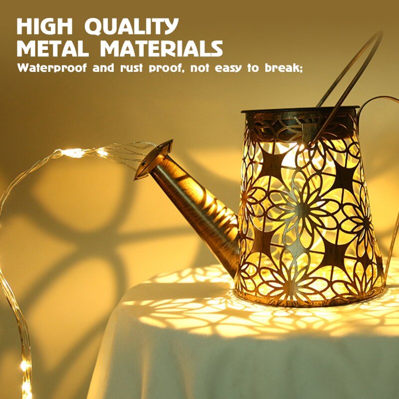 Solar Watering Can Lamp Hanging LED Waterfall Watering Can Art Lights Retro Copper Garden Light Waterproof String Fairy Light