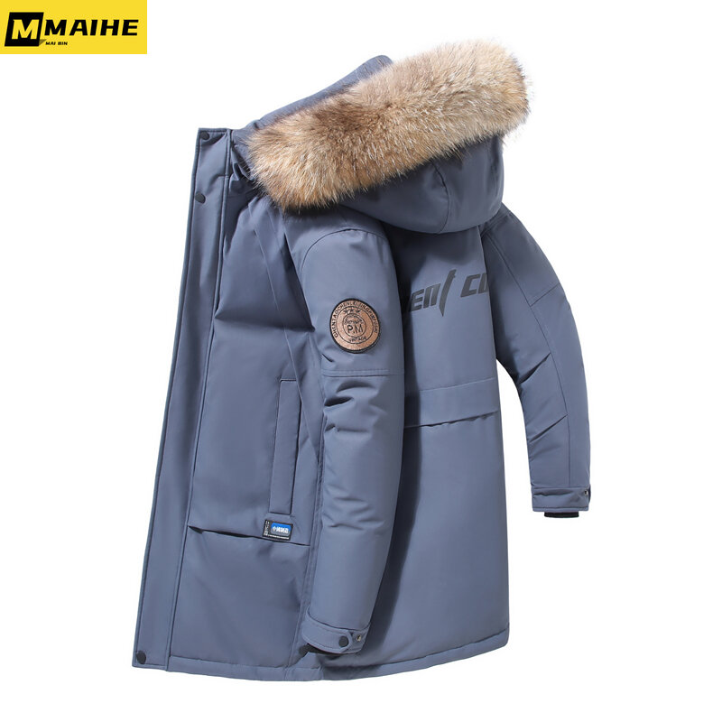 メンズロングダウンジャケット,大きなウールの襟と帽子,暖かい快適なコート,白いダックダウン,冬のファッションブランド,2023