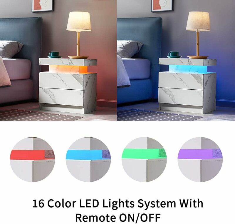 Comodino con 2 cassetti comodino a LED mobile in legno con luci a LED per camera da letto, tavolino laterale per soggiorno