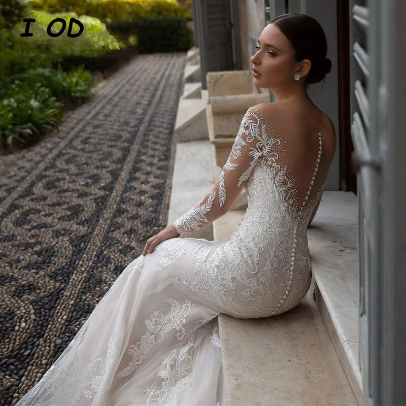 I OD Elegant Mermaid Wedding Dress O-Neck Appliques Illusion Button Tulle Bridal Gown Floor Length Vestidos De Novia Custom Made