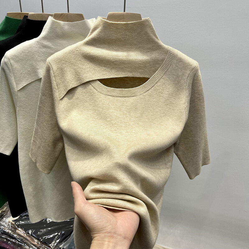 Женский трикотажный свитер с коротким рукавом, однотонный облегающий ажурный пуловер в стиле пэчворк, лето 2023