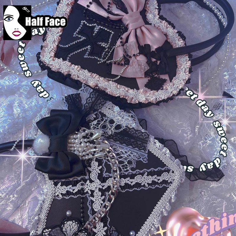 Y2K Girls Harajuku Womens Gothic Steam Punk One Shoulder Subculture Underarm Black Lolita Pearl Chain Design Crossbody Bags Tote