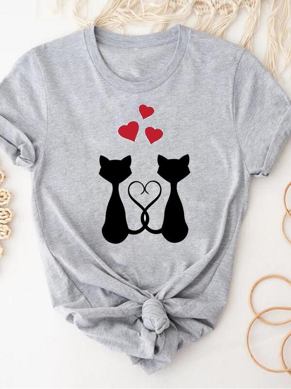 Camiseta estampada de manga corta para mujer, ropa de verano para mujer, Camiseta básica gris con estampado de perro