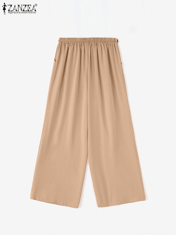 ZANZEA-pantalones capri de cintura alta para mujer, pantalón largo holgado, informal, elegante, de Color liso, para verano, 2024