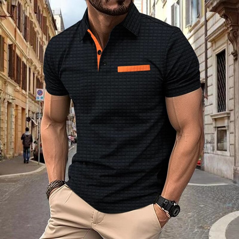 Letnia męska koszulka polo na co dzień z krótkim rękawem moda biurowa T-Shirt męska oddychająca żakardowa koszulka polo w kratę odzież męska