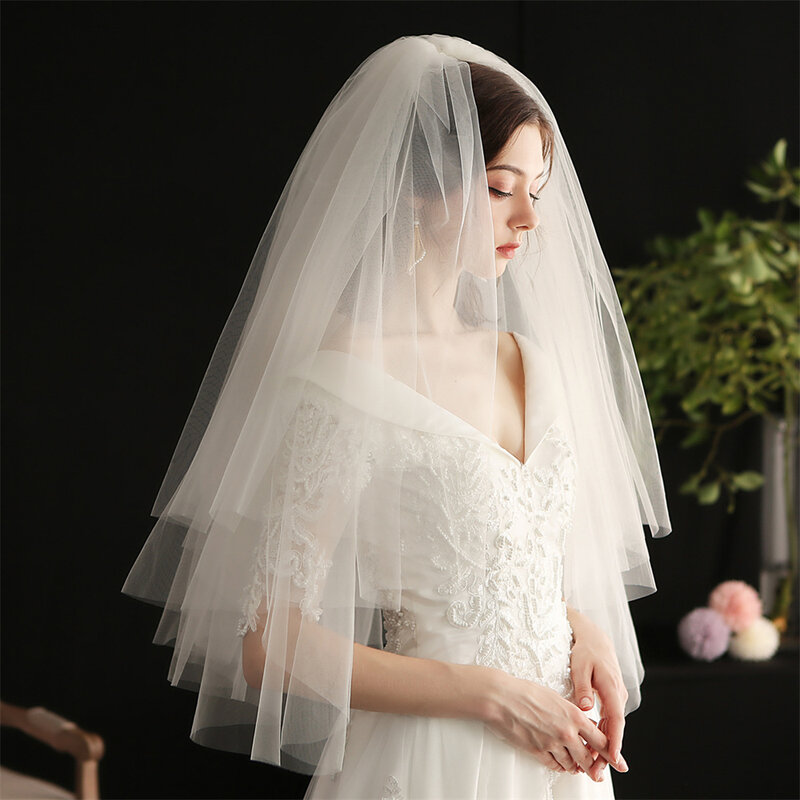 Limit Discounts White Ivory Wedding Veil 2 Tiers Ribbon Edge Center Cascade Bridal Veil with Comb for Bachelorette Party
