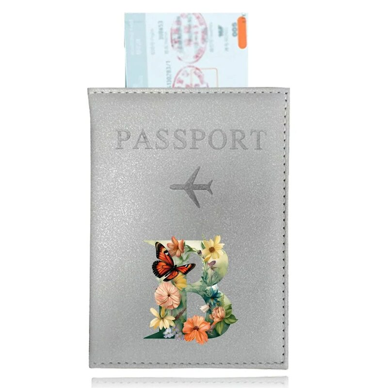 Sarung paspor PU warna perak sarung paspor penutup paspor kupu-kupu huruf seri penutup tempat kartu kredit ID Aksesori Perjalanan