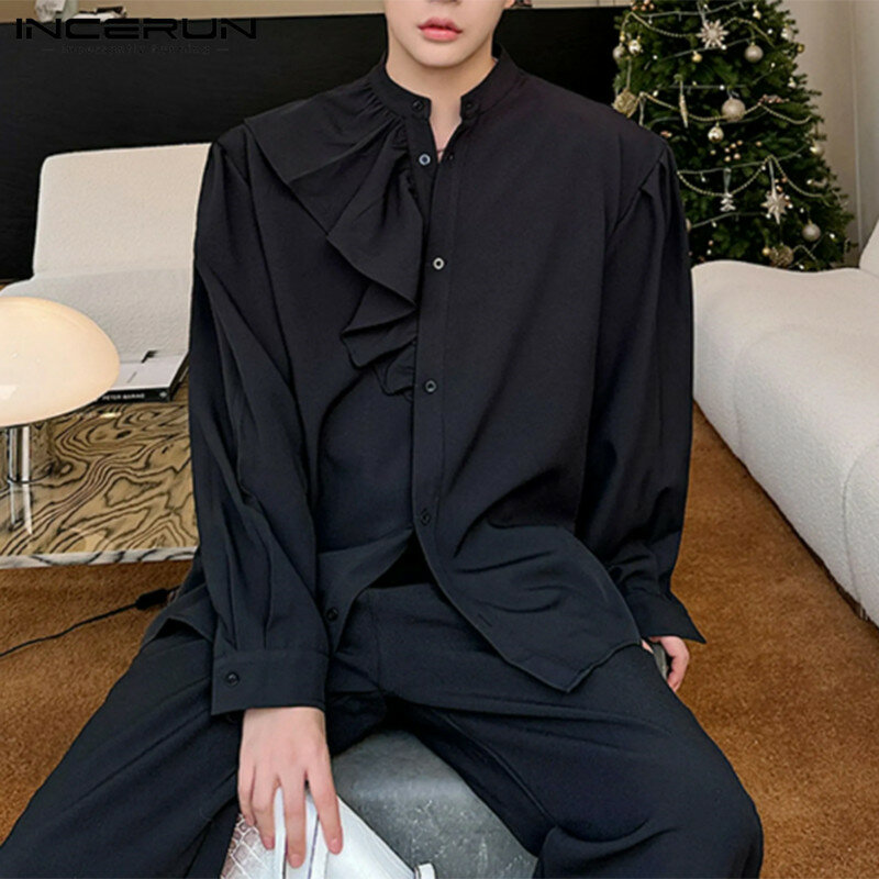 INCERUN 2024 Style coréen nouveau hommes Y-Court Style irrégulier volant conception chemises décontracté à la mode col montant Blouse S-5XL