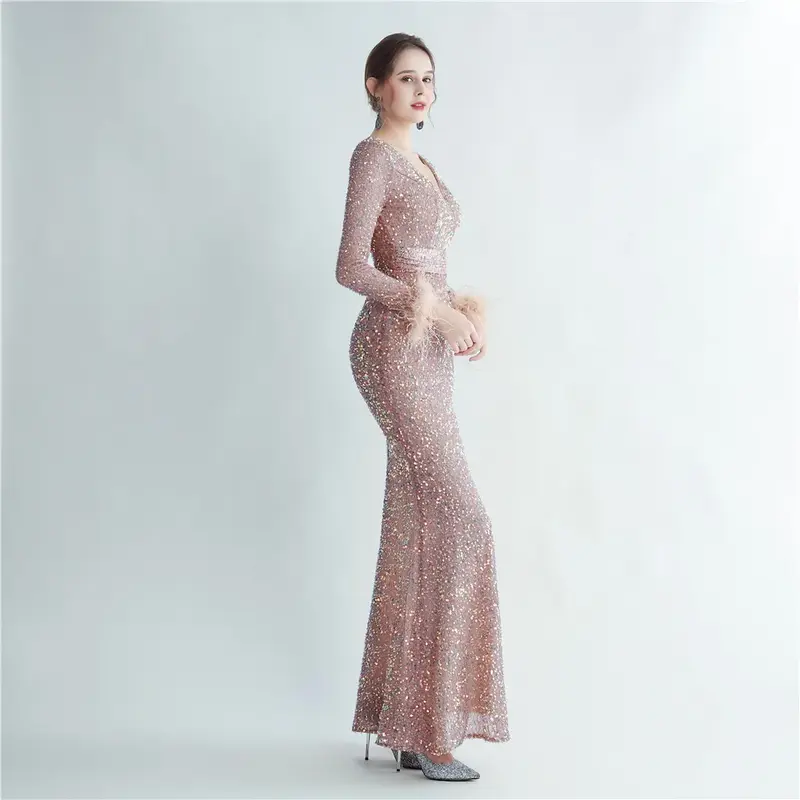 Женское блестящее платье макси Sladuo, длинное вечернее платье с длинным рукавом и перьями, V-образным вырезом и высоким разрезом, коктейльное длинное платье с блестками