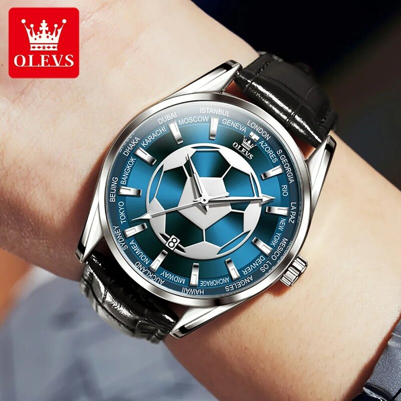 OLEVS Brand Fashion Football Dial Design Blue Quartz Watch for Men Luxury Leather Strap Waterproof Luminous Date Mens Watches