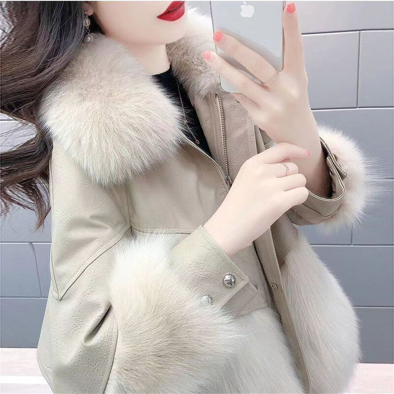 Women'S PU Leather Loose Coat, Faux Fox Hair, Splice, Mid-Length, Thickened, Warm, Fashion, New, Winter, 2024