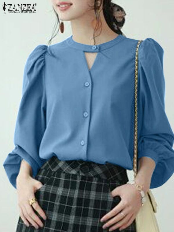 ZANZEA blus Wanita Korea, kemeja liburan kasual wanita lengan panjang leher O tunik Atasan Wanita Vintage OL kerja Blusas Mujer 2023