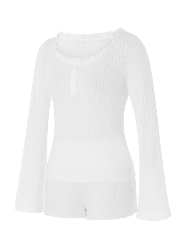 Camisa e Shorts de malha SOLILOQUY-Ribbed para mulheres, conjunto lounge de manga comprida, botão baixo, pijamas, 2 peças