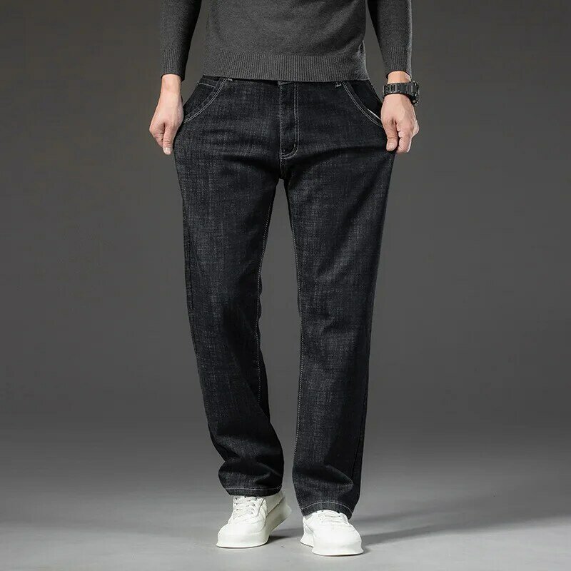 Calça jeans reta acolchoada masculina, alta elasticidade, grossa, quente, de cintura média alta, casual masculina, tamanho grande, 46, 130kg, inverno