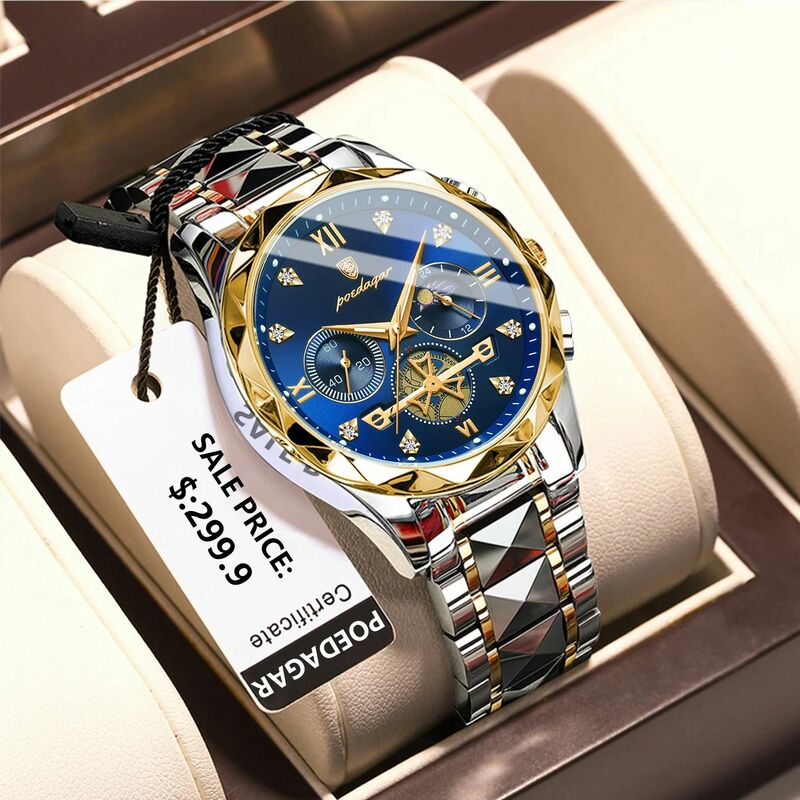 POEDAGAR jam tangan pria Quartz antiair, jam tangan kronograf bercahaya baja tahan karat